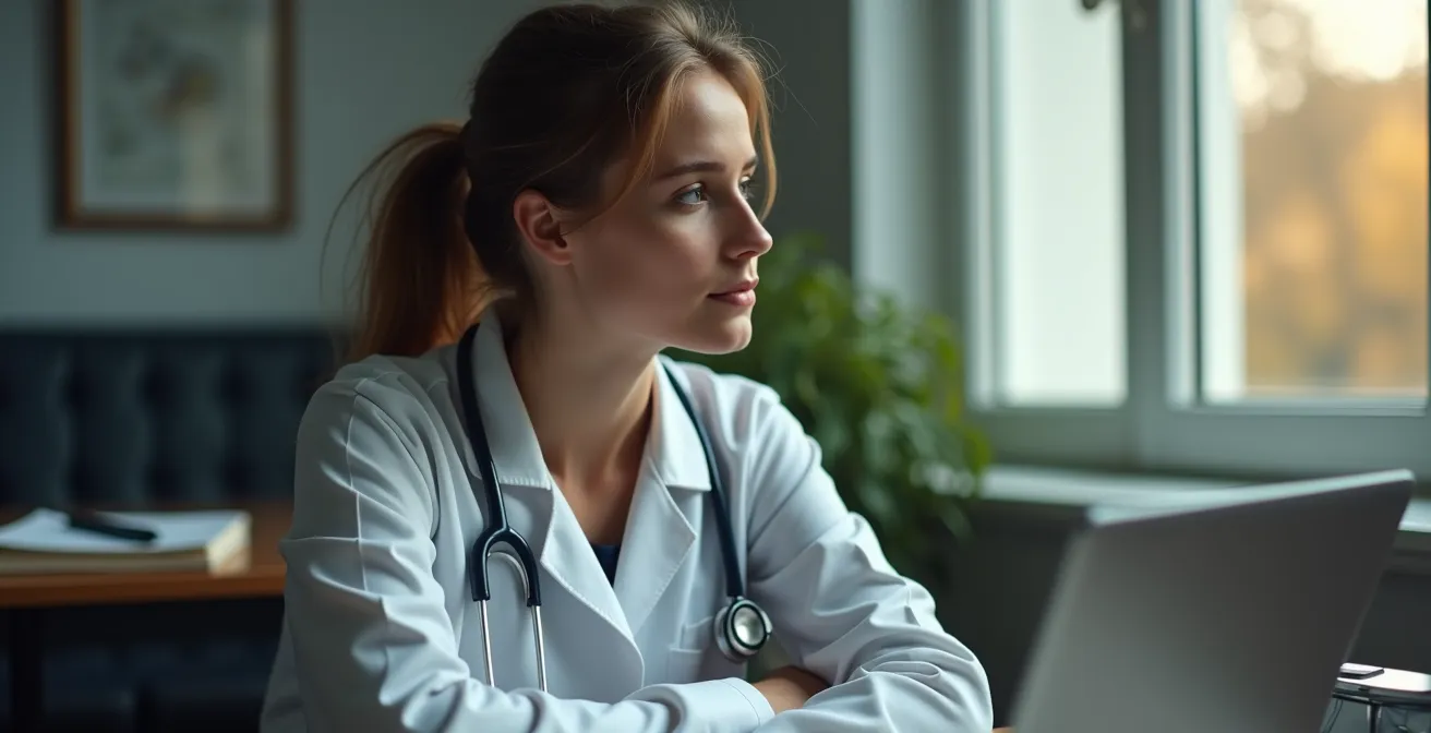 Jeune étudiant en médecine pensif regardant par la fenêtre, symbolisant une réflexion avant un grand choix académique, sans texte visible ni objet numérique.