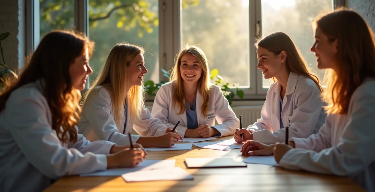 Petit groupe d’étudiants en médecine travaillant ensemble autour d’une table avec des carnets ouverts et lumière naturelle, sans écrans lisibles ni marques.