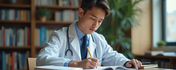 Jeune étudiant concentré révisant ses cours de médecine dans une bibliothèque lumineuse et moderne, ambiance studieuse et naturelle, sans aucun texte visible ou écran ouvert.