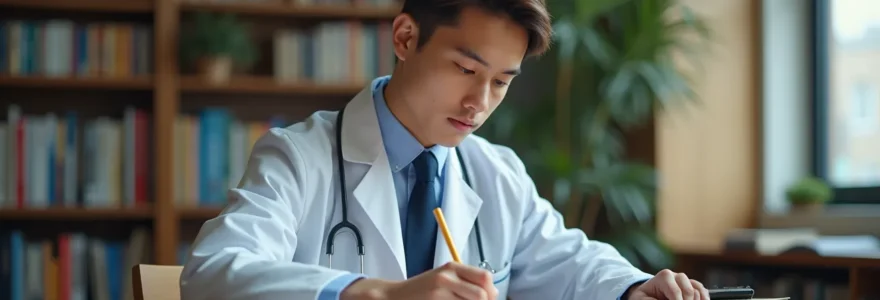 Jeune étudiant concentré révisant ses cours de médecine dans une bibliothèque lumineuse et moderne, ambiance studieuse et naturelle, sans aucun texte visible ou écran ouvert.