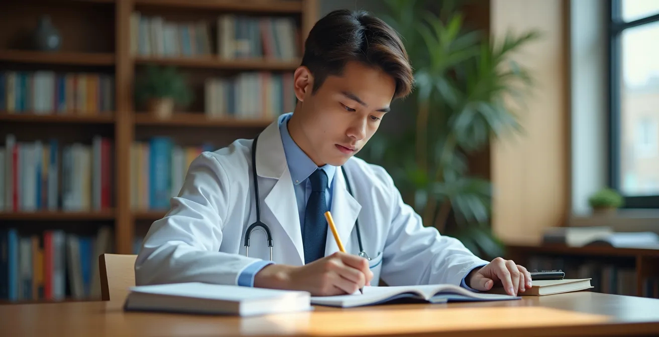 Jeune étudiant concentré révisant ses cours de médecine dans une bibliothèque lumineuse et moderne, ambiance studieuse et naturelle, sans aucun texte visible ou écran ouvert.