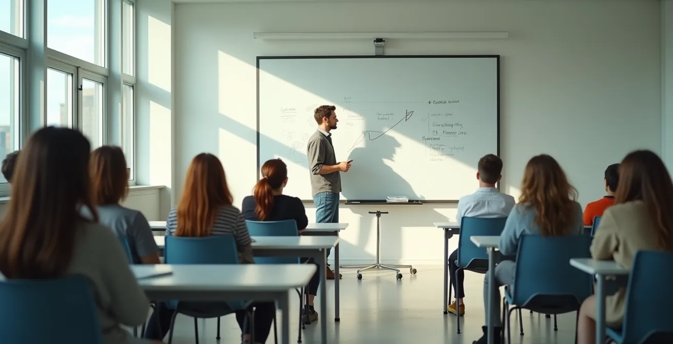 Salle d’étude contemporaine avec professeur et étudiants concentrés, symbolisant la sélection et les différents types de prépas, sans texte ni marquage.