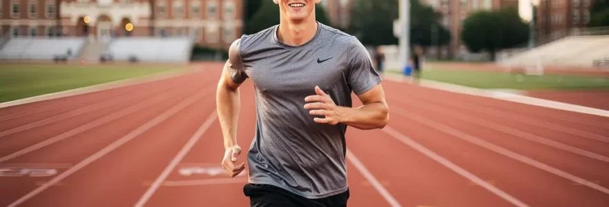 Jeune athlète européen s'entraînant sur piste universitaire américaine avec bâtiments campus en arrière-plan