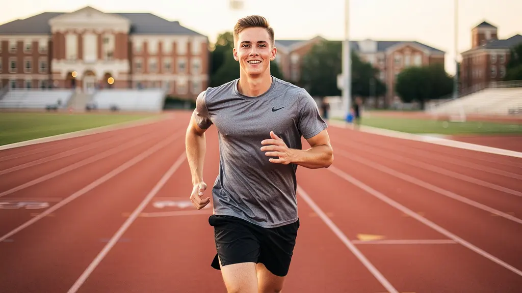Jeune athlète européen s'entraînant sur piste universitaire américaine avec bâtiments campus en arrière-plan