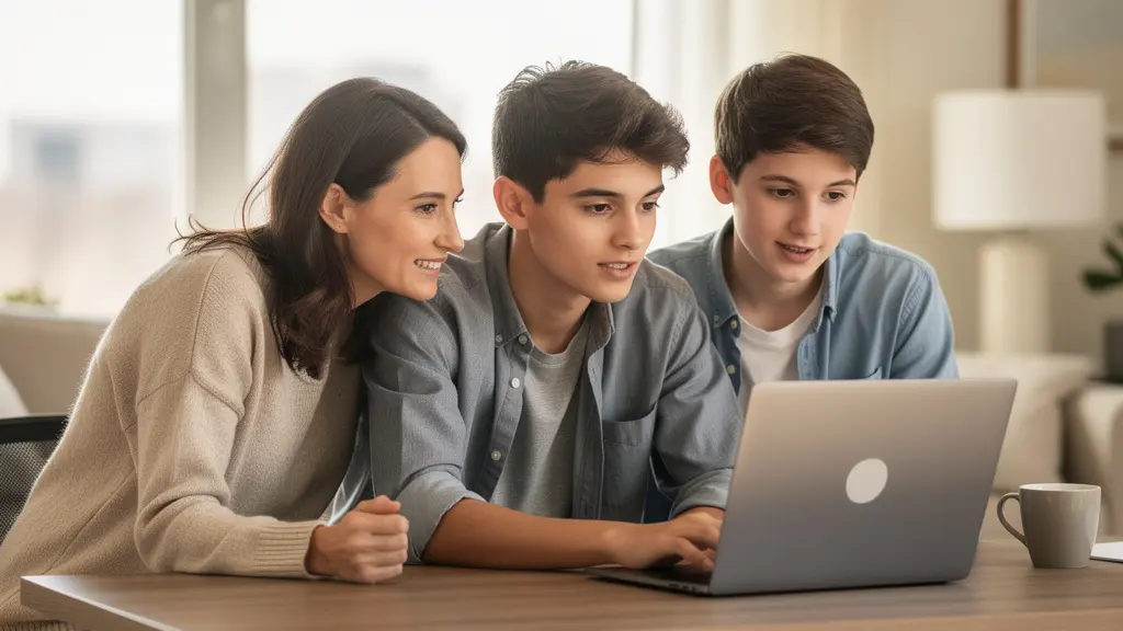 Famille française consultant ensemble un ordinateur portable pour préparer dossier sport-études américain