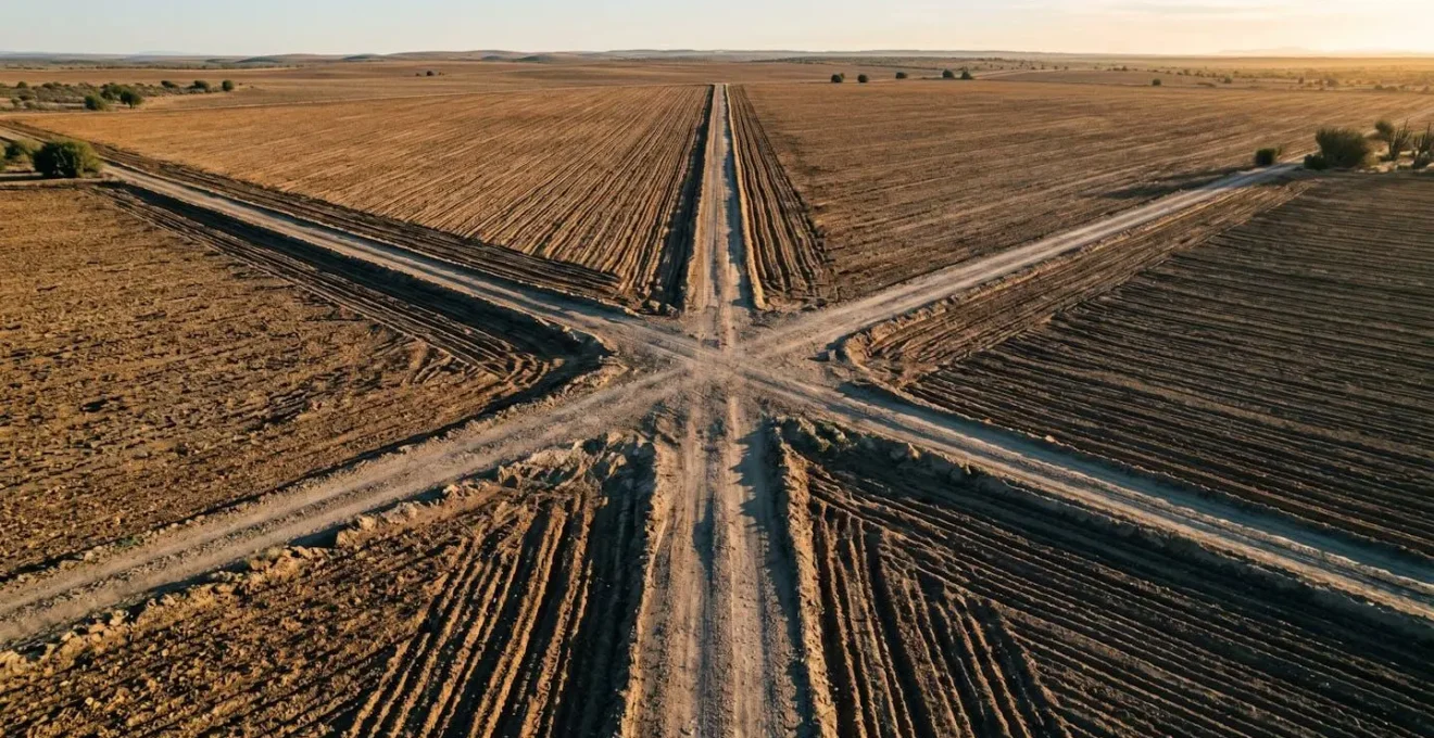 Vue aérienne d'un carrefour de quatre chemins en terre battue se croisant au centre d'un champ labouré ocre, éclairé par une lumière rasante du matin créant des ombres marquées