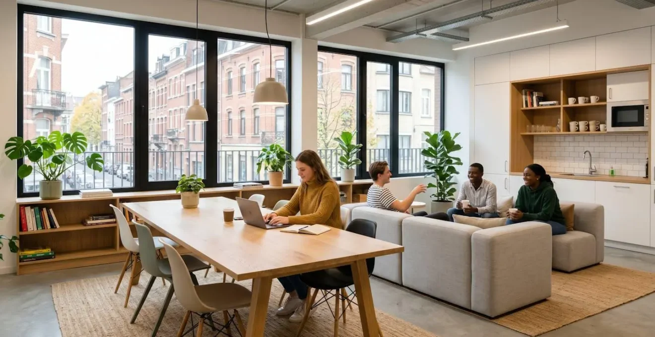 Espace commun lumineux d'une résidence étudiante moderne à Bruxelles avec étudiants travaillant et discutant dans un salon contemporain aux tons neutres, grandes baies vitrées et mobilier confortable