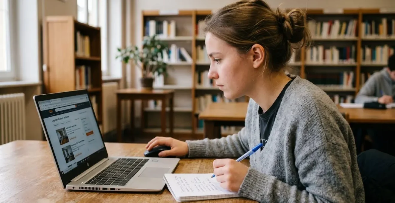 Jeune étudiante concentrée consultant des annonces de logement sur ordinateur portable dans une bibliothèque universitaire, carnet de notes ouvert à côté, lumière naturelle douce