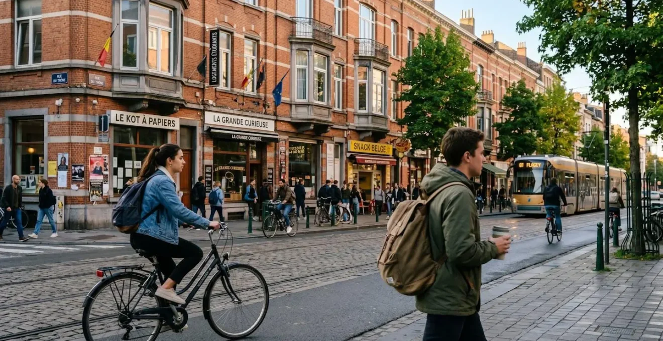 Rue animée du quartier étudiant Ixelles à Bruxelles avec alignement d'immeubles typiques en briques rouges et bow-windows, étudiants à vélo et à pied se dirigeant vers le campus ULB en matinée ensoleillée
