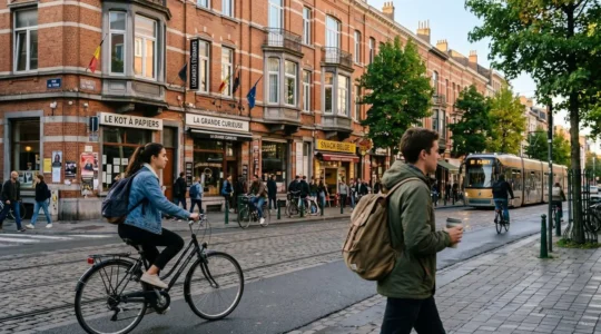 Rue animée du quartier étudiant Ixelles à Bruxelles avec alignement d'immeubles typiques en briques rouges et bow-windows, étudiants à vélo et à pied se dirigeant vers le campus ULB en matinée ensoleillée