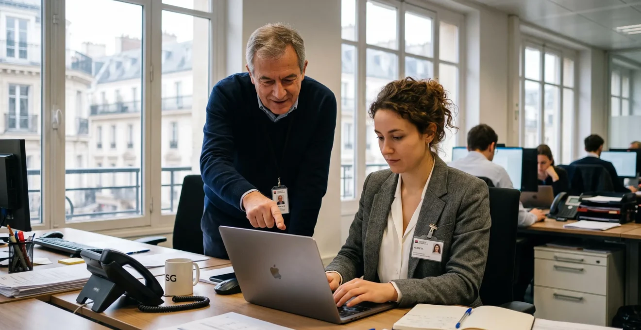 Un jeune salarié en alternance suit les explications d'un collègue devant son écran.