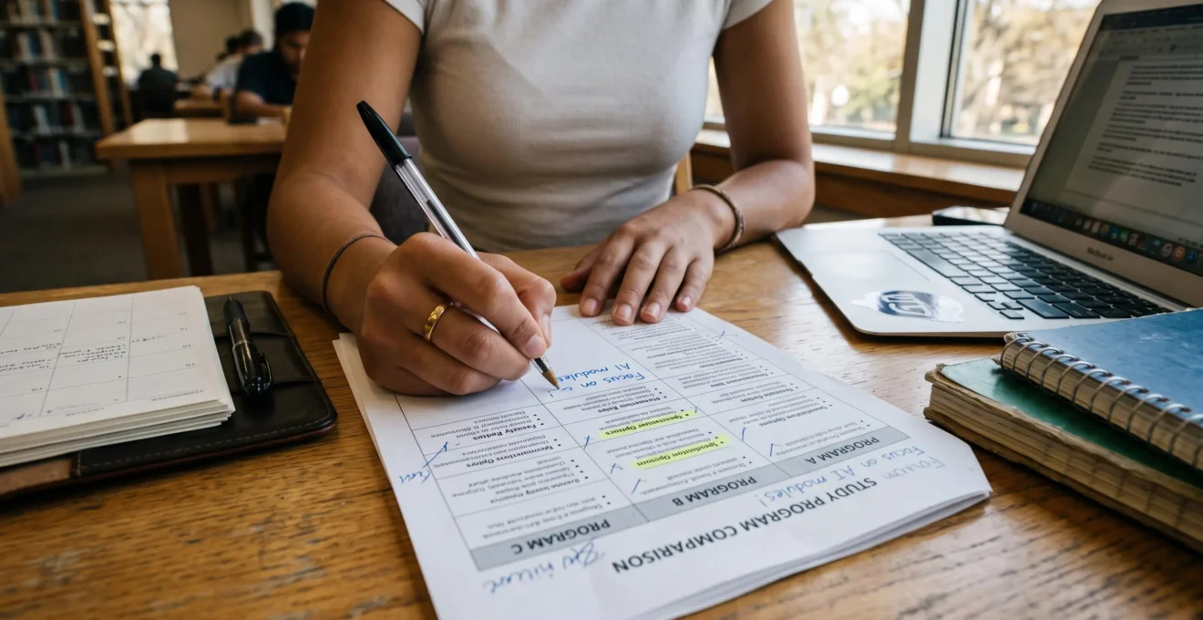 Un étudiant annote un document de comparaison de formations dans une bibliothèque.