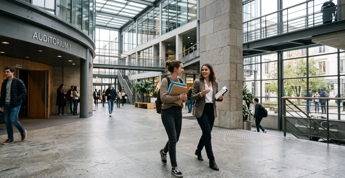 Deux étudiants discutent en traversant le hall vitré d'une école de commerce.